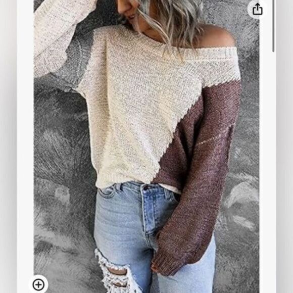 NWOT Women’s Cream Color Block Long Sleeve Lightweight Sweater - Size Medium - Picture 1 of 8